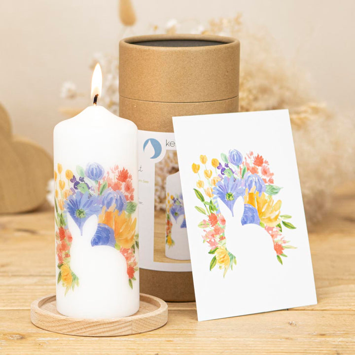 Osterkerze Blumen und Hase mit Geschenkverpackung und passender Grußkarte