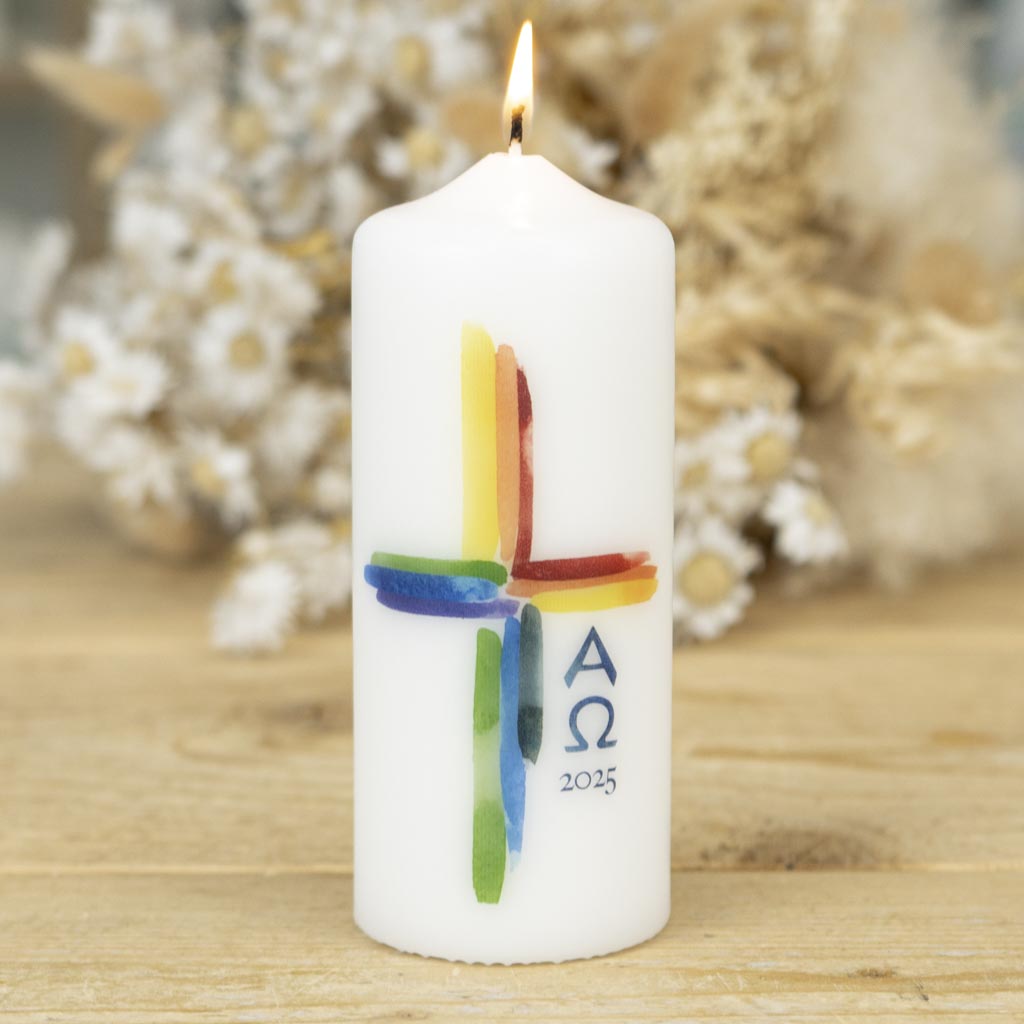 Osterkerze Regenbogen Kreuz