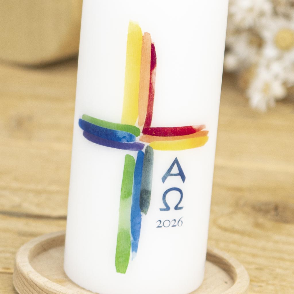 Osterkerze Regenbogenkreuz in klassisch und modern