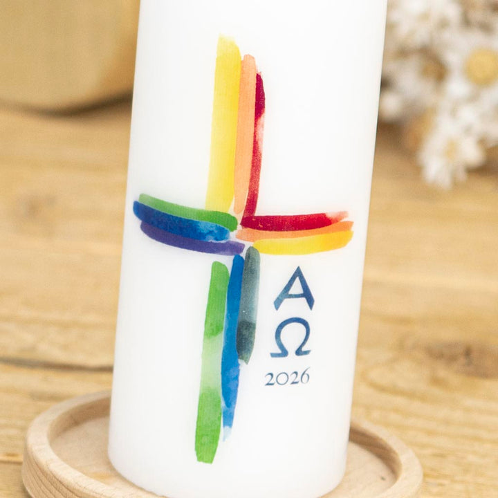 Osterkerze Regenbogenkreuz in klassisch und modern