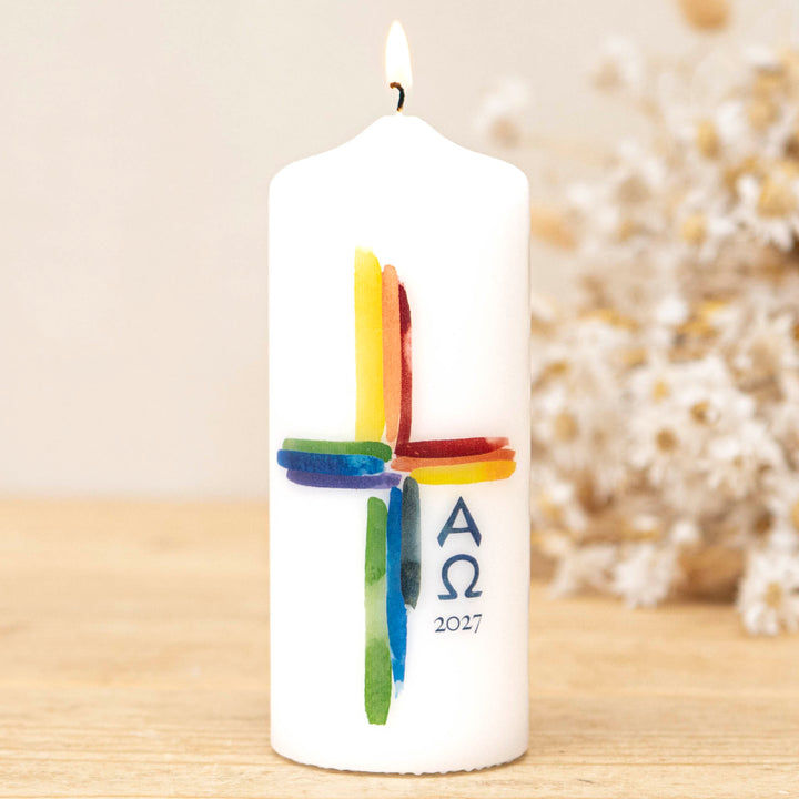 Osterkerze Regenbogen Kreuz 2027