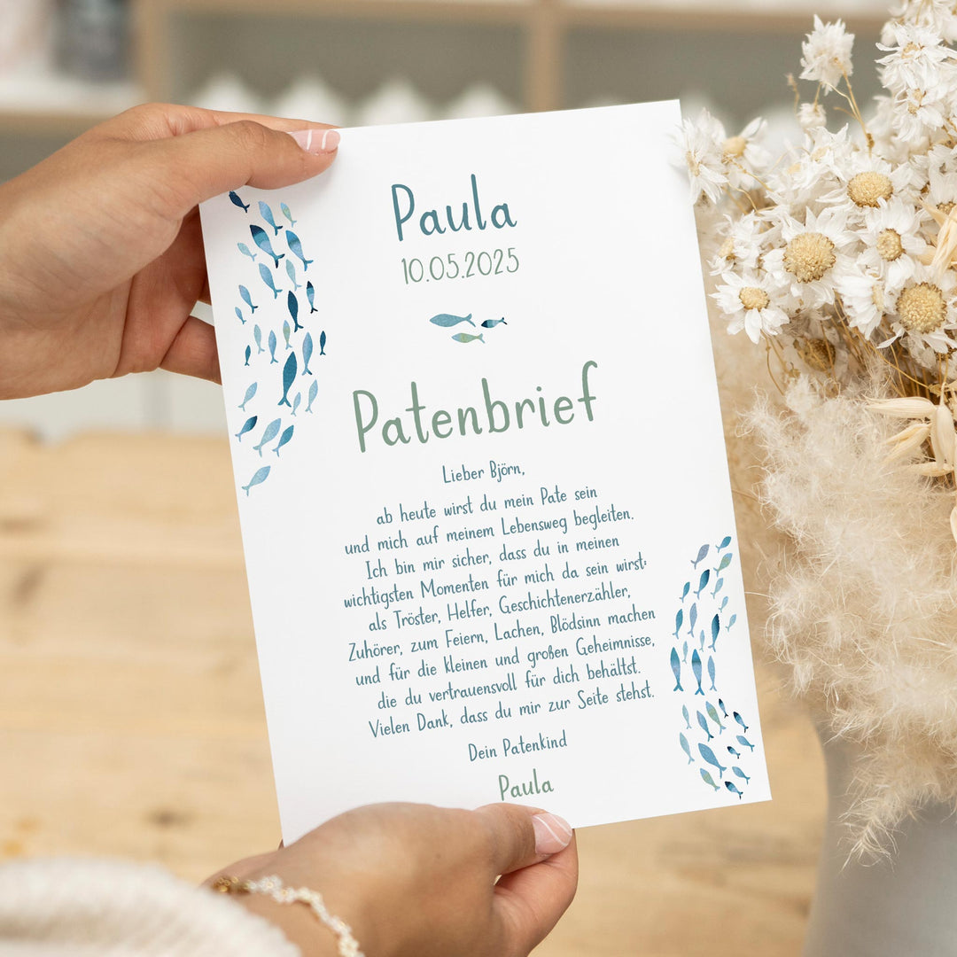 Patenbrief Fische in Blau für Patenbonkel