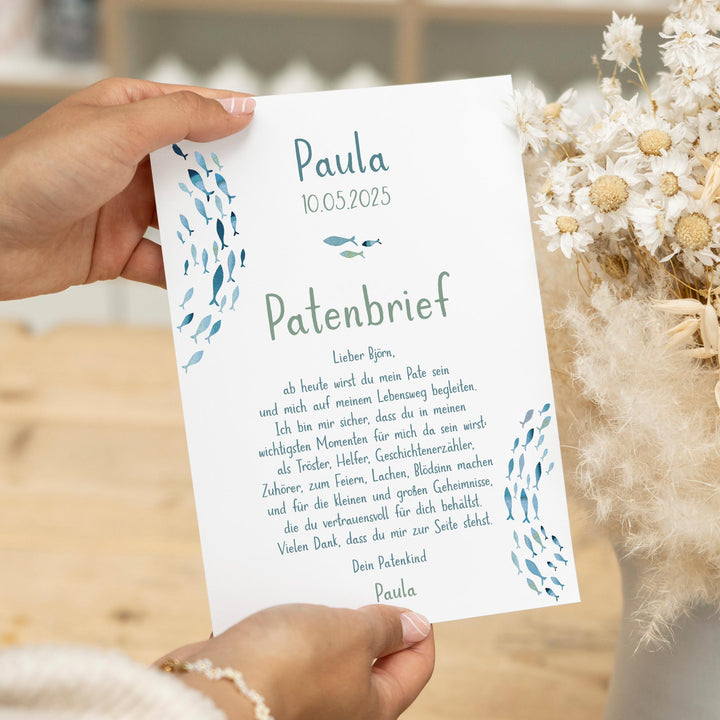 Patenbrief Fische in Blau für Patenbonkel