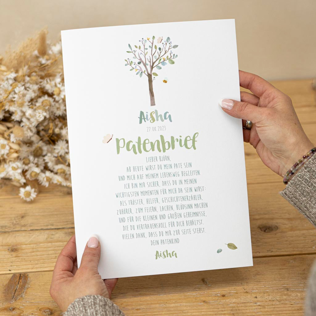Patenrief Lebensbaum mit liebevollem Text in A4