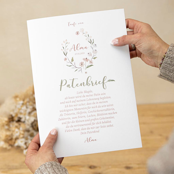 Patenbrief Blumen als Motiv für Mädchen in der Größe A4