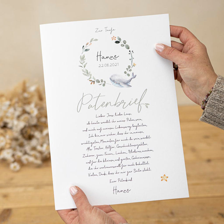 Patenbrief Wal für ein Mädchen in der Größe A4