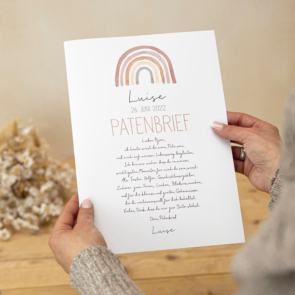 Patenbrief in der Größe A4 mit dem Motiv Regenbogen für Mädchen und Jungen