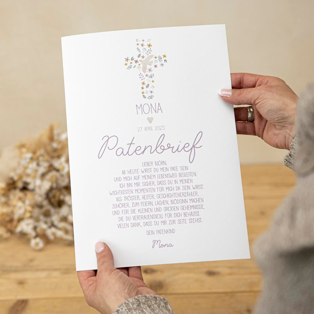 Patenbrief Kreuz und Taube als Erinnerung an die Taufe des Patenkindes