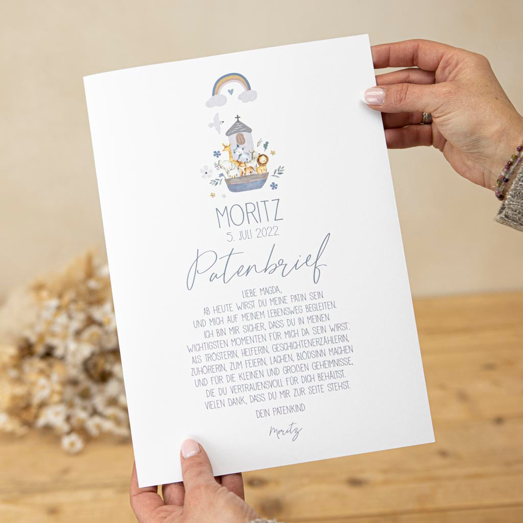 Taufkerze Arche in Blautönen für einen Jungen in A4