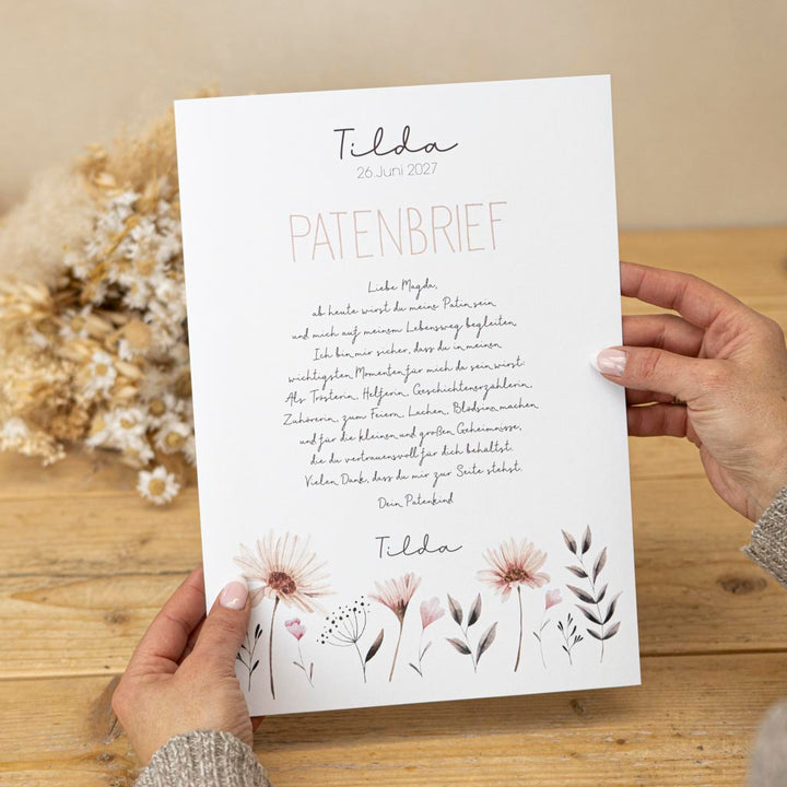 Patenbrief Blumen individuell nach Kundenwünschen gestaltet in der Größe A4