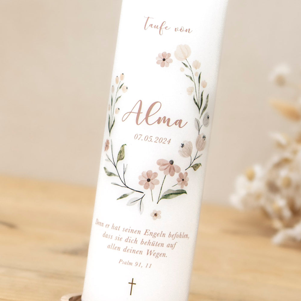 Taufkerze Floral mit Namen, Datum und Taufspruch für Mädchen