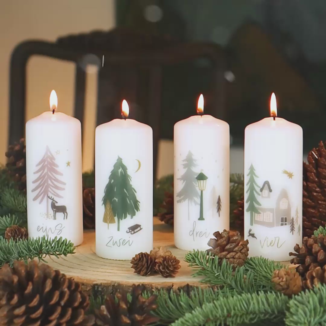 Adventskerzen mit Zahlen Winterwald mit winterlichen Motiven