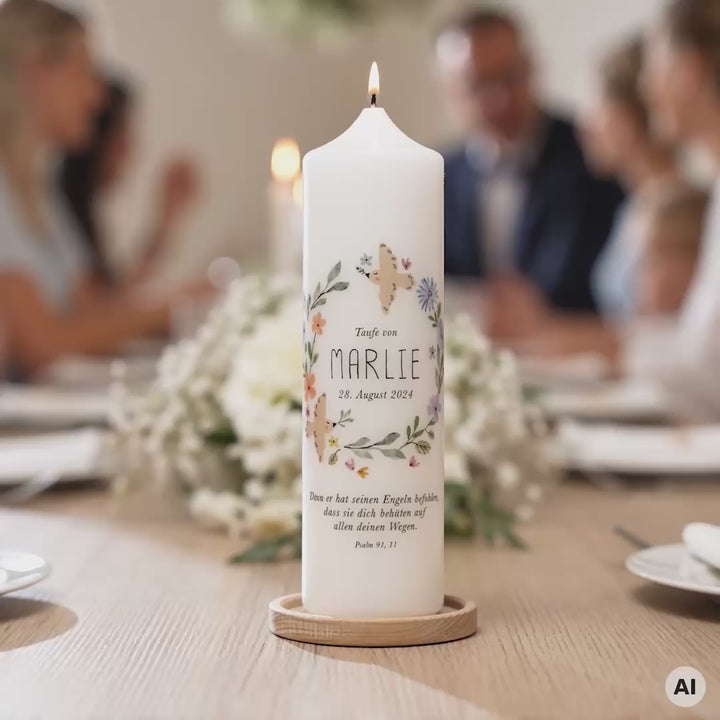 taufkerze Blumen und Taube Marlie in bunten Farben für Jungen und Mädchen