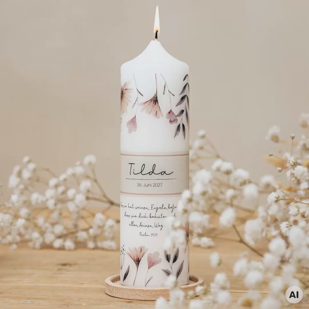 Taufkerze Blumen mit Banderole in Altrosa für Mädchen