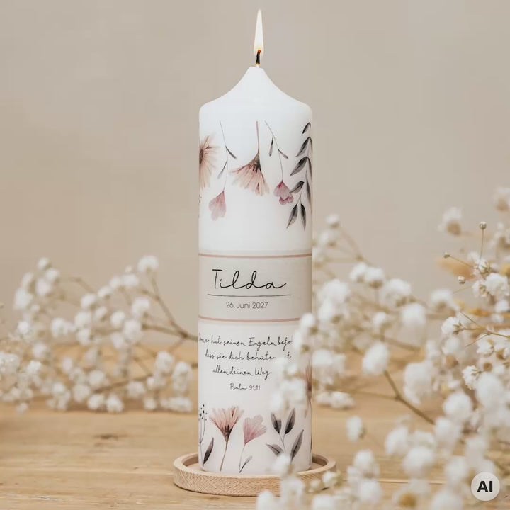 Taufkerze Blumen mit Banderole in Altrosa für Mädchen