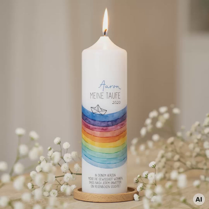 Taufkerze Regenbogen und Boot für Jungen und Mädchen