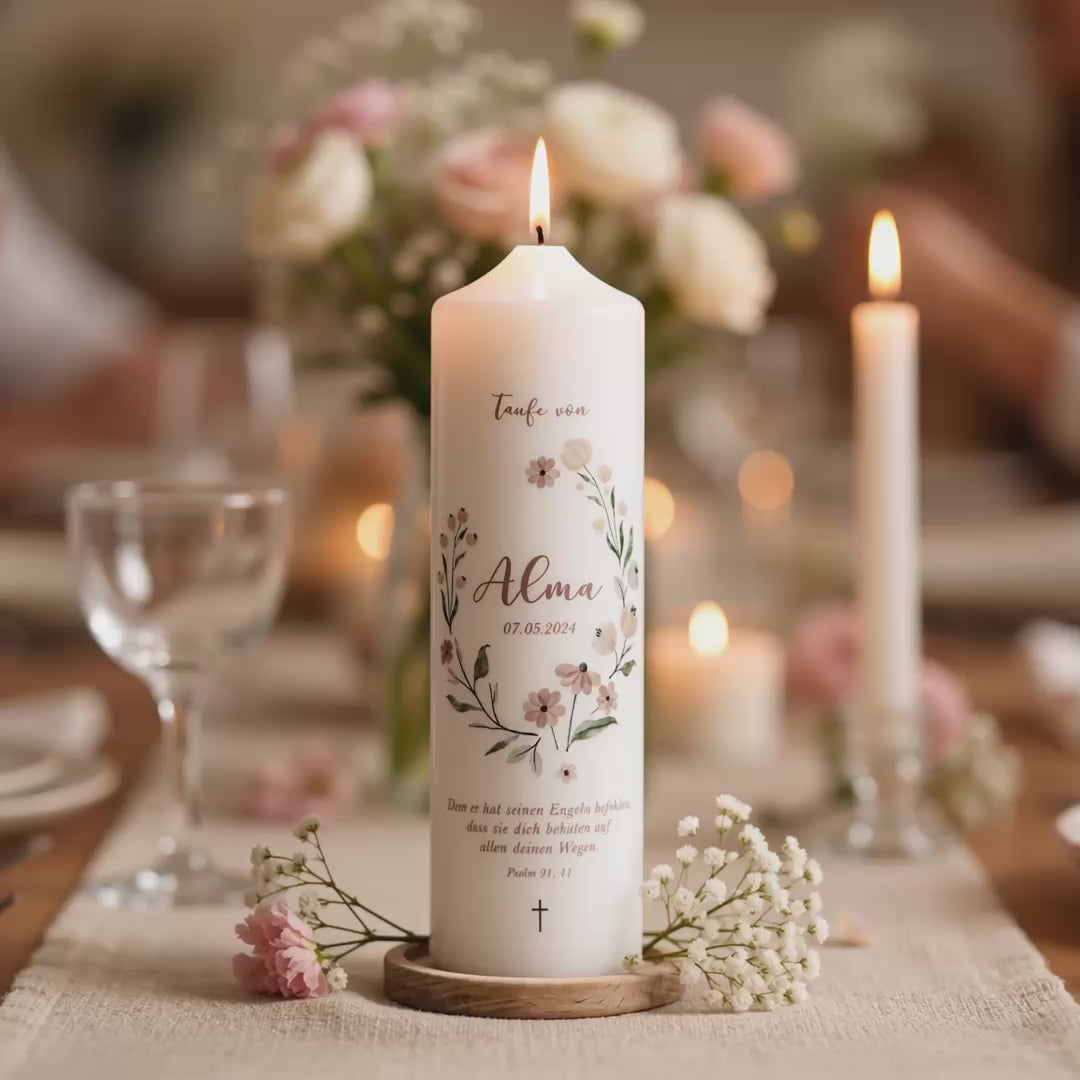 Taufkerze für Mädchen und Junge mit Blumen, Namen und Taufspruch in verschiedenen Farben