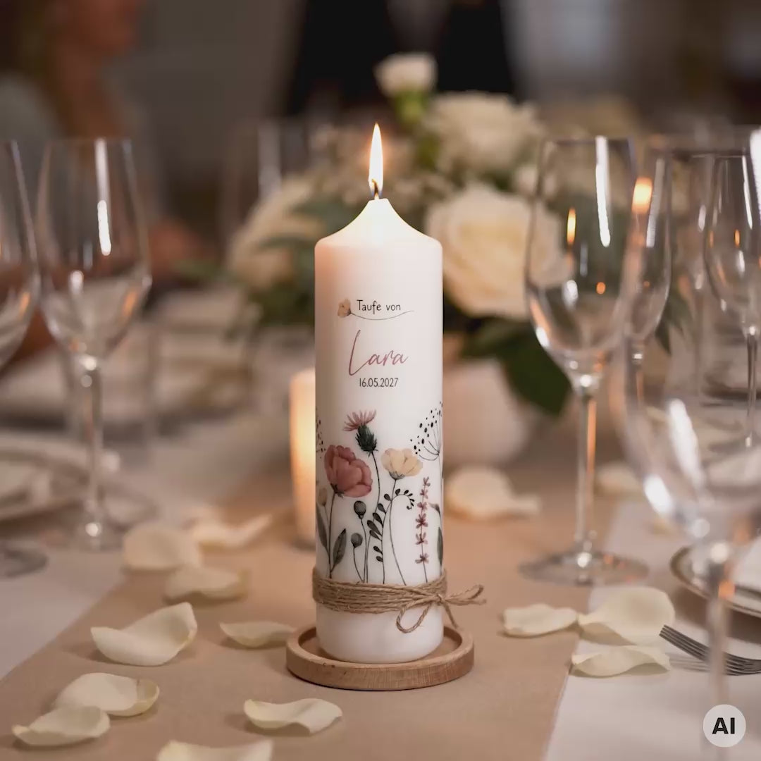 Taufkerze Wildblumen mit Juteband und Kerzenhalter Holz