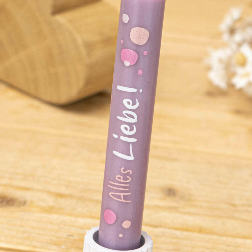 Stabkerze mit Motiv alles Liebe in Lila