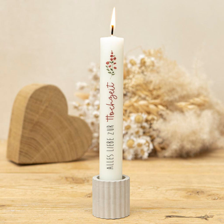 Stabkerze Alles Liebe zur Hochzeit mit passendem Kerzenhalter in Grau