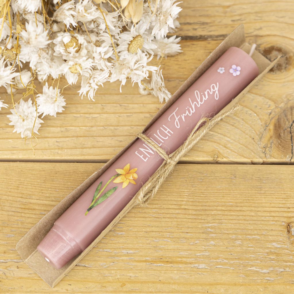 Stabkerze Endlich Frühling mit Verpackung aus Karton und Bast