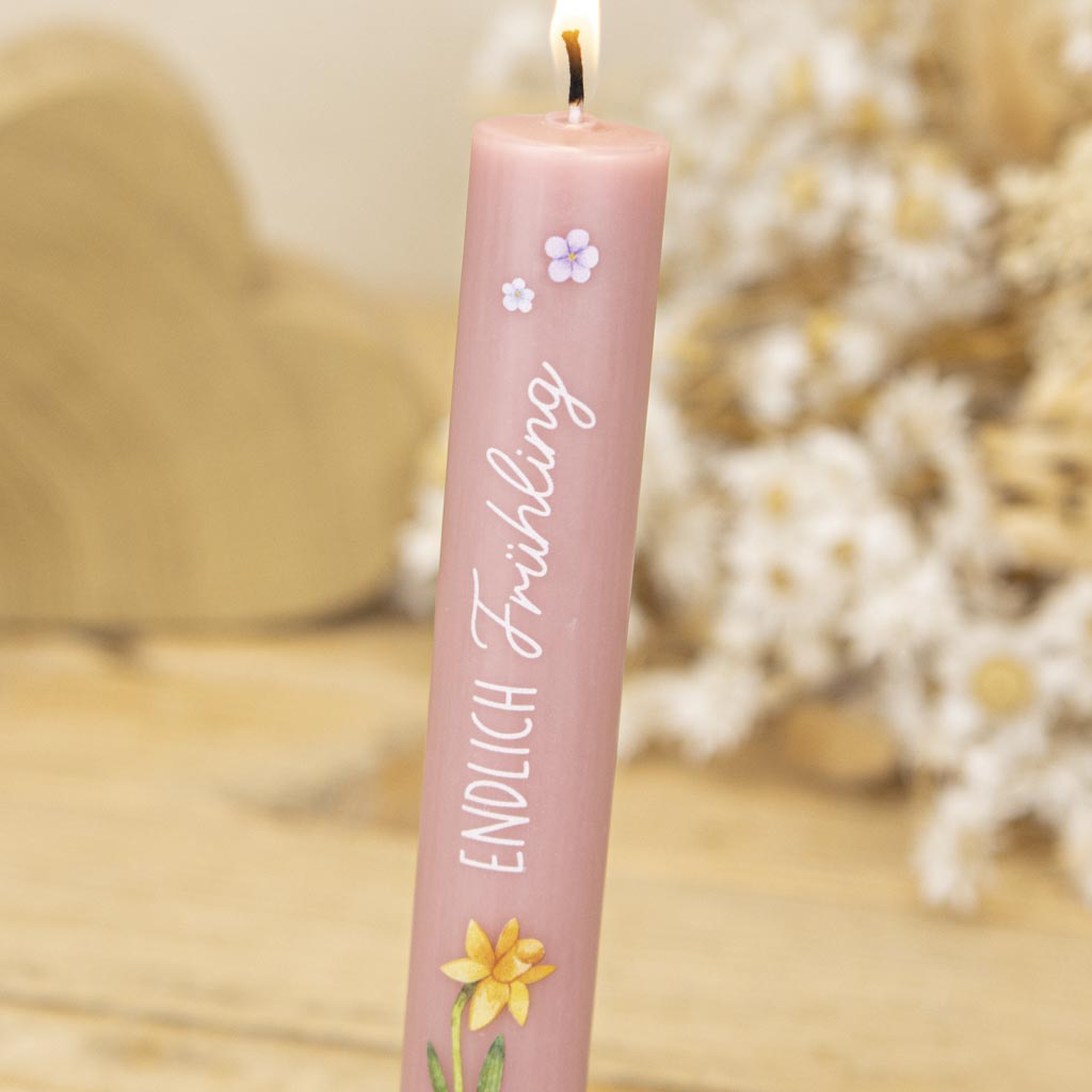 Stabkerze Blumen für den Frühling in Rosa mit Schriftzug Endlich Frühling