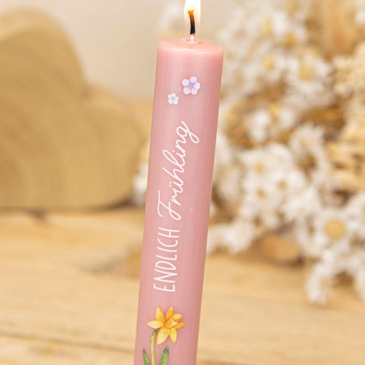 Stabkerze Blumen für den Frühling in Rosa mit Schriftzug Endlich Frühling