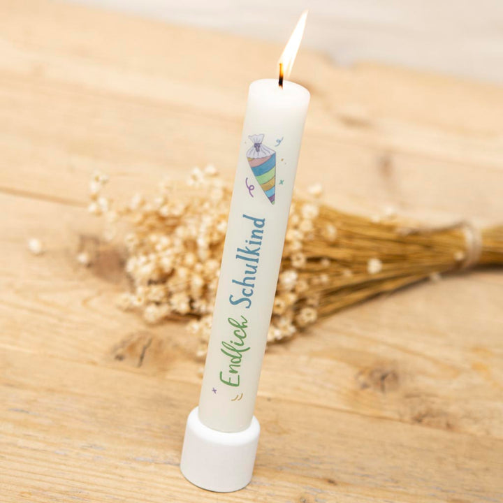 Kerze Einschulung Endlich Schulkind in Creme