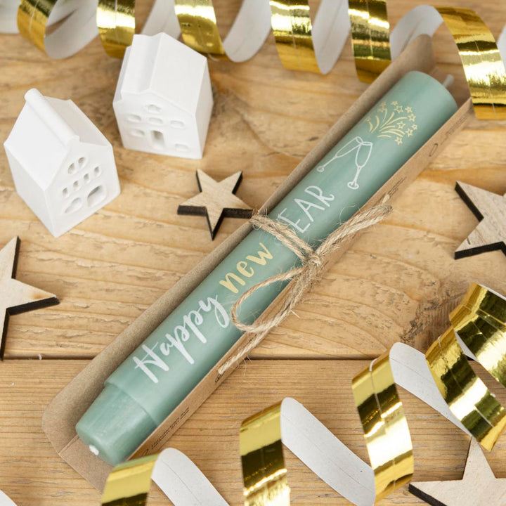Stabkerze Happy new Year in Türkis mit Geschenkverpackung und Schliefe aus Jute