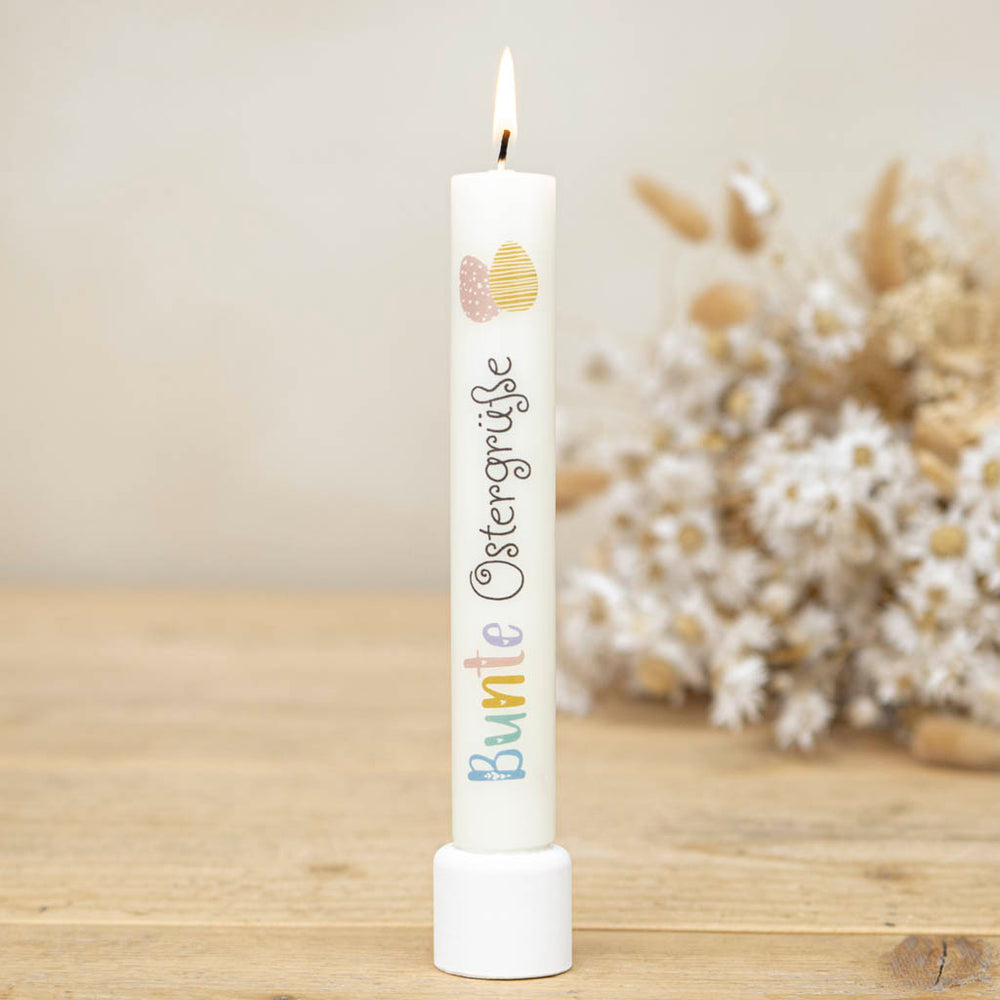 Stabkerze mit dem Aufdruck Bunte Ostergrüße