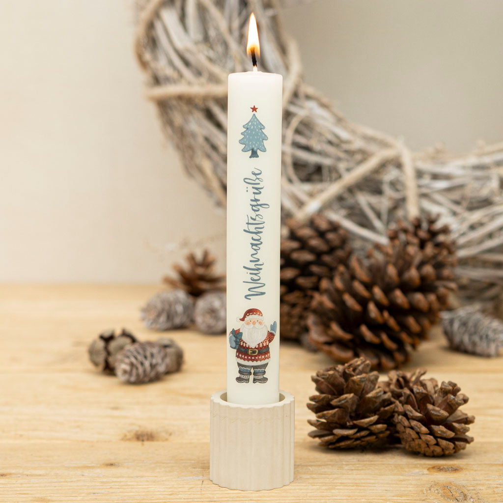 Stabkerze Weihnachtsmann mit der Aufschrift Weihnachtsgrüße in bunten Farben