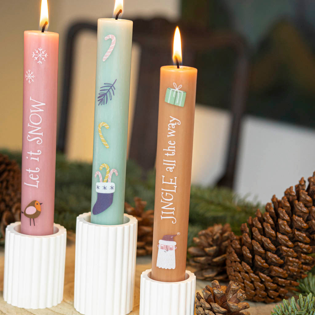 Stabkerzen Set Advent Let it Snow auf bunten, hochwertigen Stabkerzen