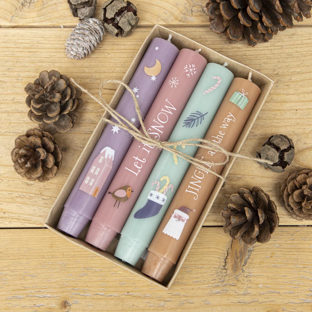 Stabkerzen Advent und Weihnachten mit Geschenkverpackung aus Karton und Jute