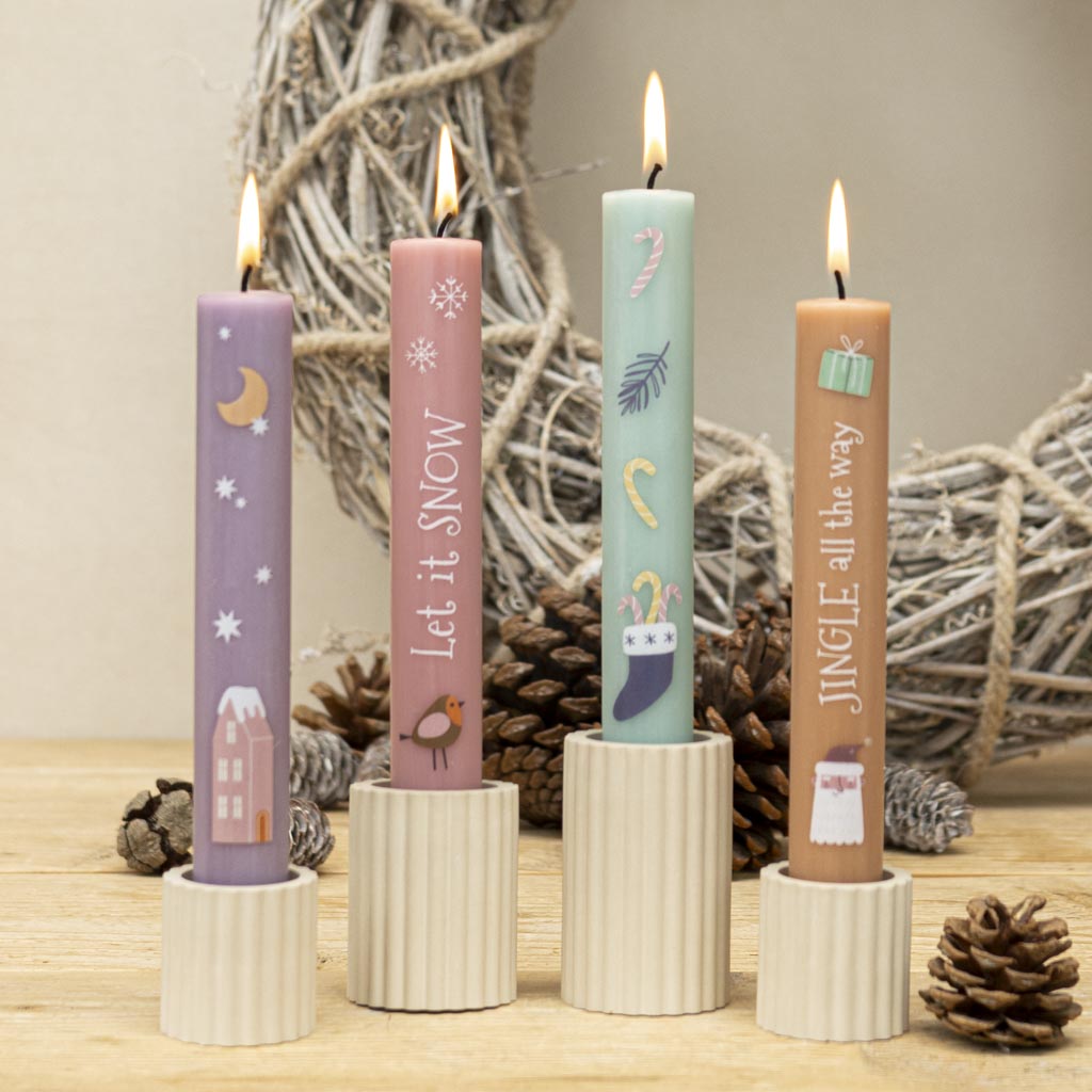 Stabkerzen Set Advent und Weihnachten mit Stabkerzenhalter in Sand
