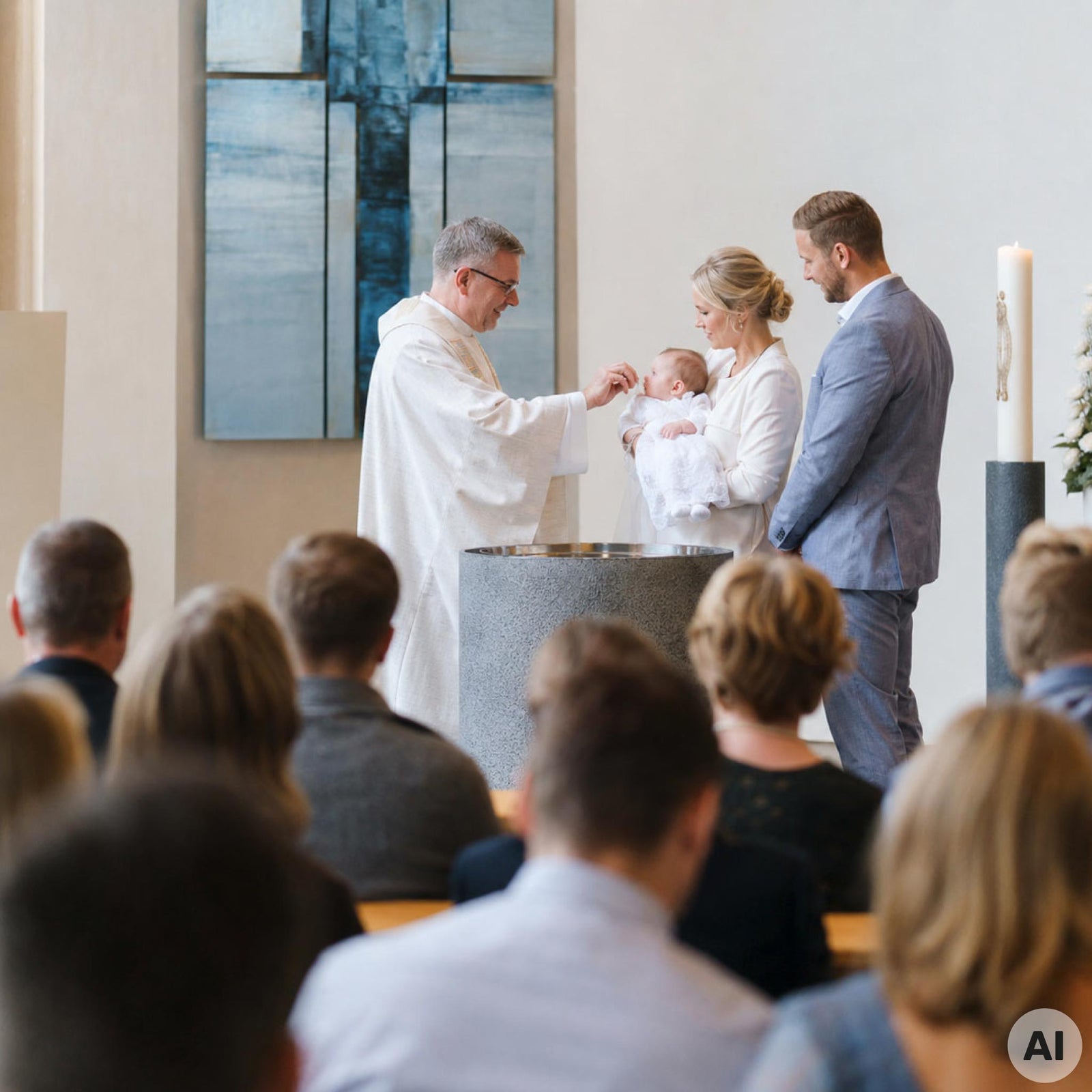 Taufe am Taufbecken: Priester tauft ein Kind in der Kirche