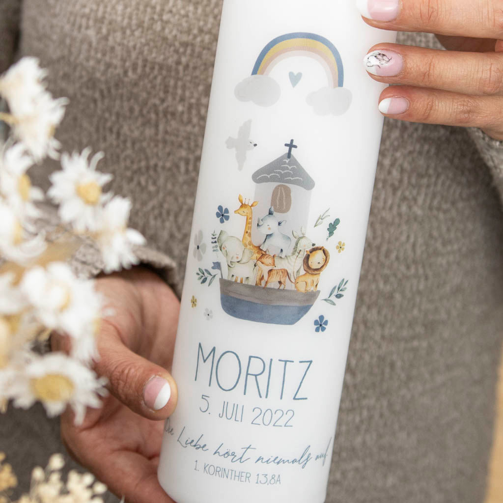 Taufkerze Arche Moritz Tiere und Kreuz