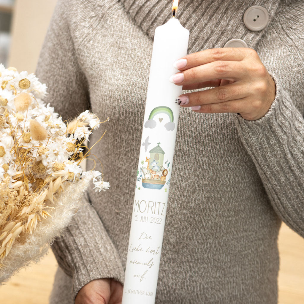 Taufkerze Arche Junge und Mädchen in Grün