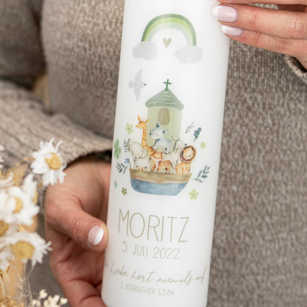 Taufkerze Arche mit Tieren in Grün fü r Jungen und Mädchen zur Taufe