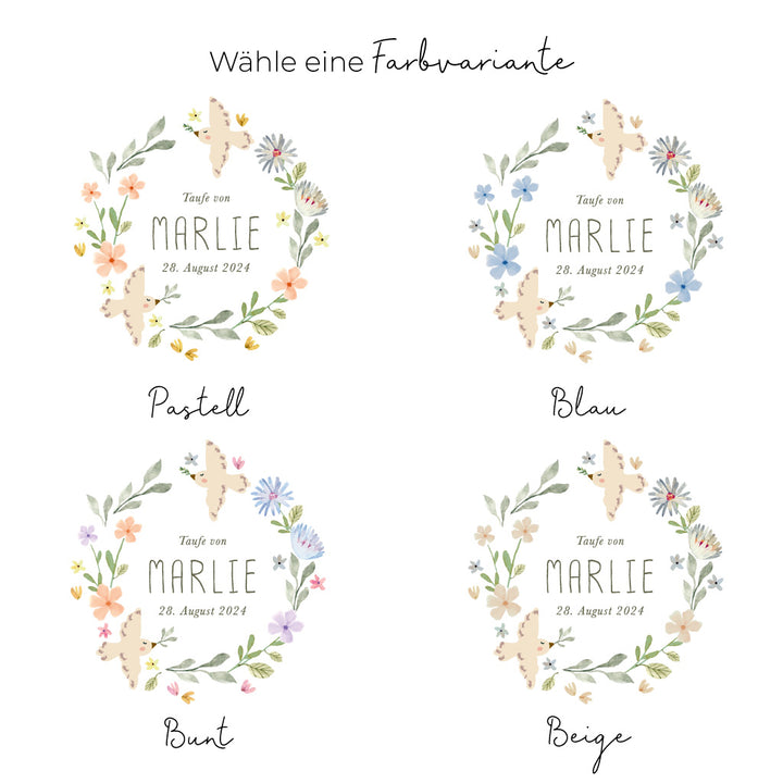 Taufkerze Blumen Marlie in 4 wunderschönen Farben. Wähle eine Farbvariante und dein Design wird in dieser Farbe gestaltet.