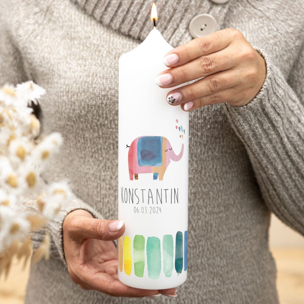 Taufkerze Elefant Regenbogen Farben