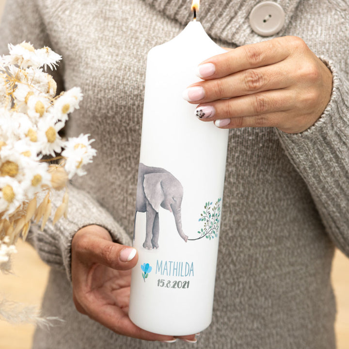 Taufkerze Elefant Mathilda in Blau für Jungen und Mädchen