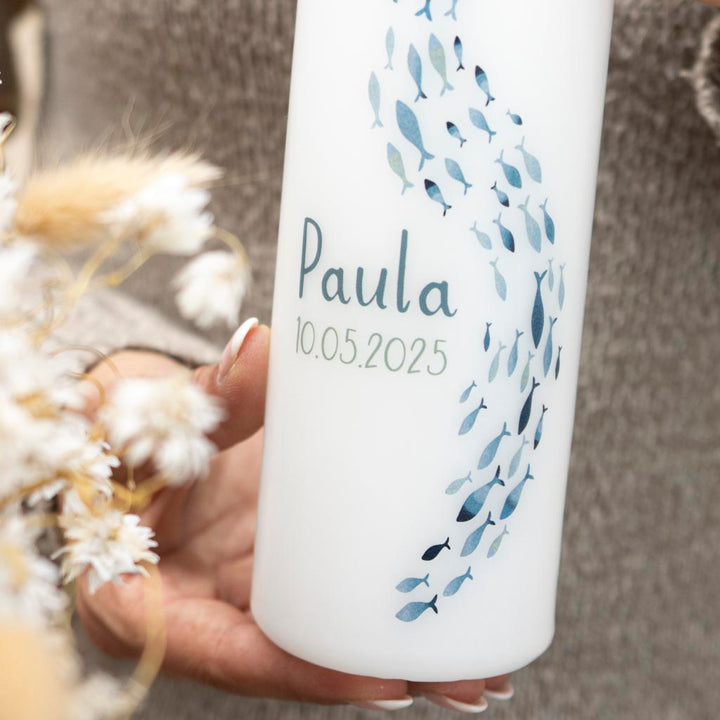 Taufkerze Wasser und Fische in Blau Paula