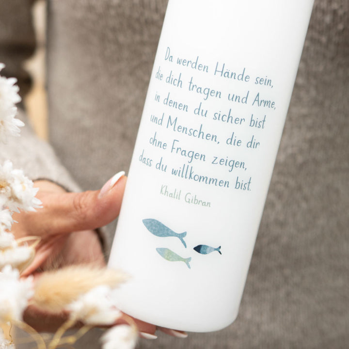 Taufkerze Fische mit Taufspruch in Blau zur Taufe