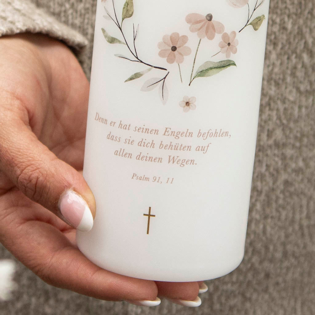 Taufkerze mit Taufspruch Er hat seinen Engeln befahlen dich zu behöten Psalm 91,11