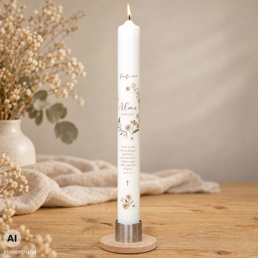 Taufkerze Mädchen 40cm mit Blumen und Kerzenhalter aus Metall und Holz