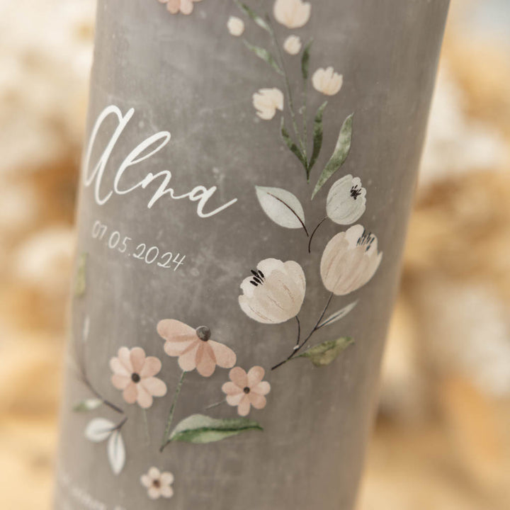 Taufkerze Blumen Rustic Grau Alma