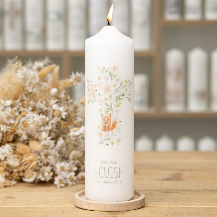 Taufkerze Fuchs Louisa mit Kerzenhalter
