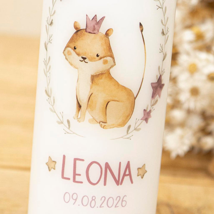 Taufkerze Mädchen Löwe mit Krone in Altrosa