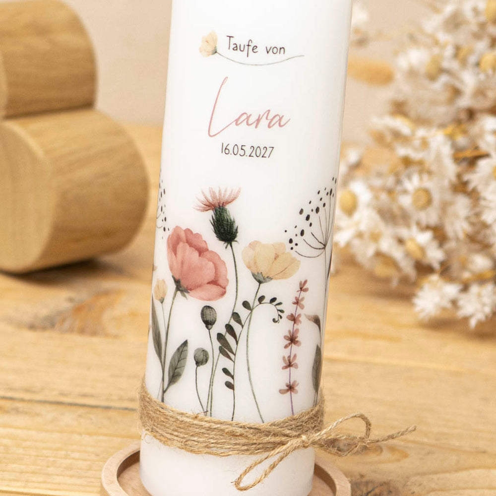 Taufkerze Blumen und Juteband für Mädchen in Altrosa