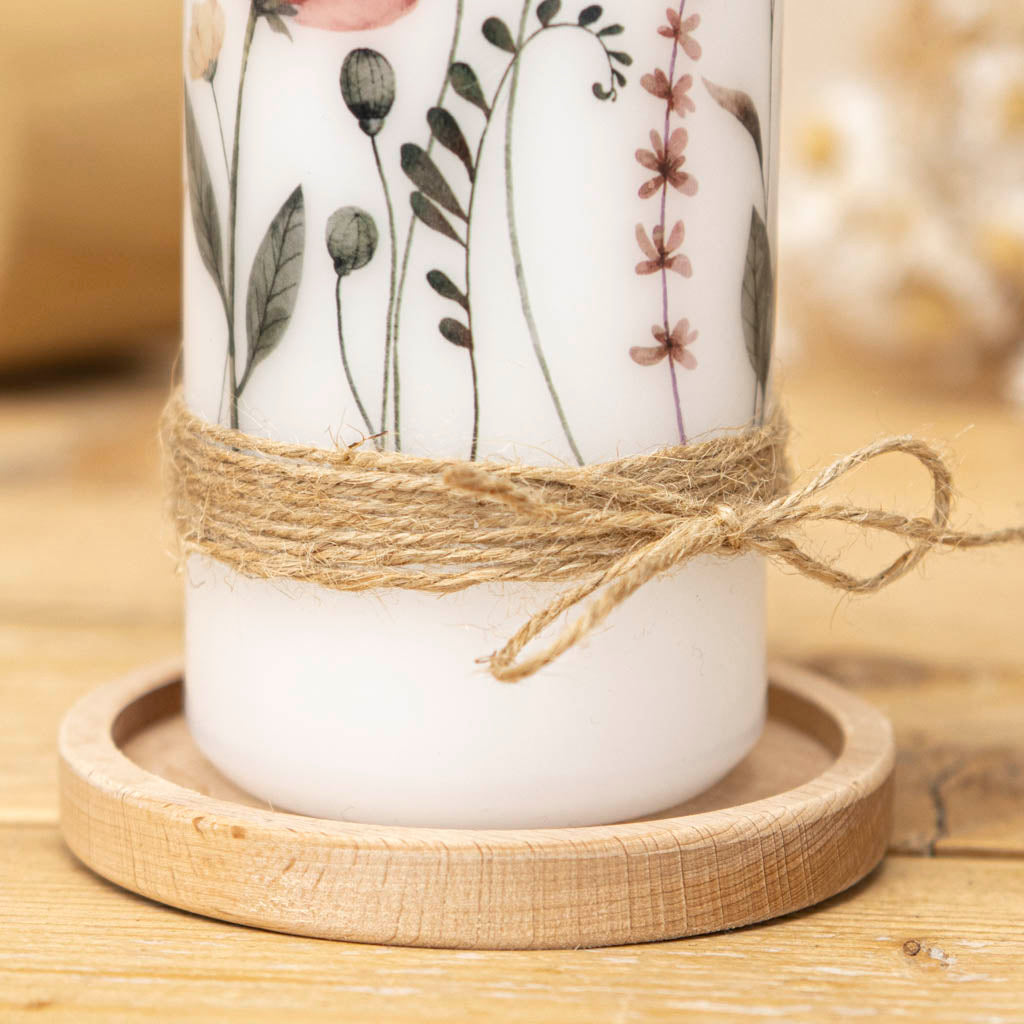 Taufkerze Juteband mit Blumenmotiv in Altrosa